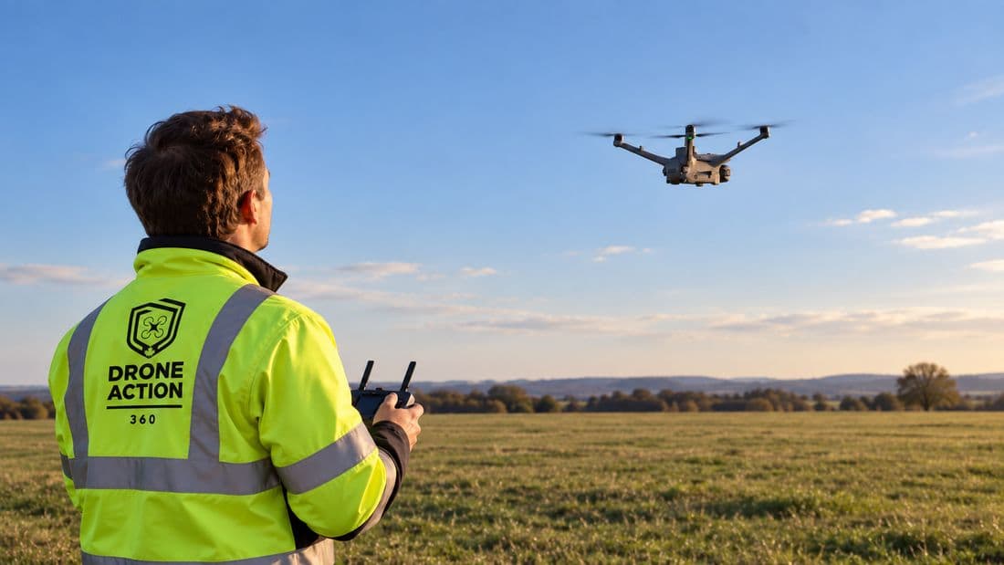 Pilot in a high-visibility jacket flying a drone on a training field